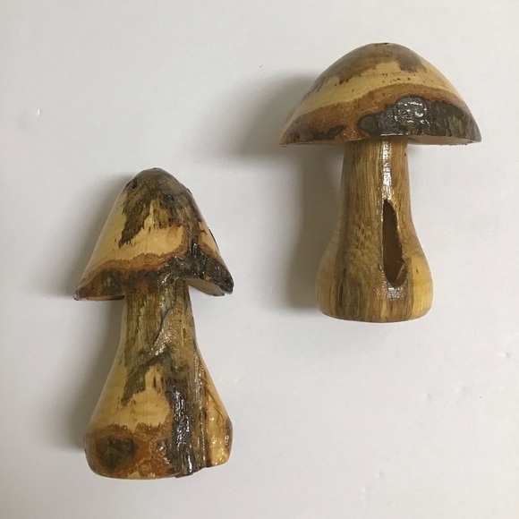 Vintage Other - Mid Century Mod Carved Wood Mushroom PAIR Boho Décor Folk Art Fairy Garden Plant